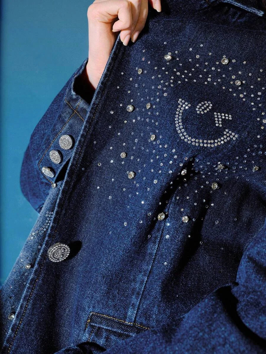 SWSmiley x MOTF PREMIUM LAPEL COLLAR RHINESTONE DETAIL WASHED DENIM COAT