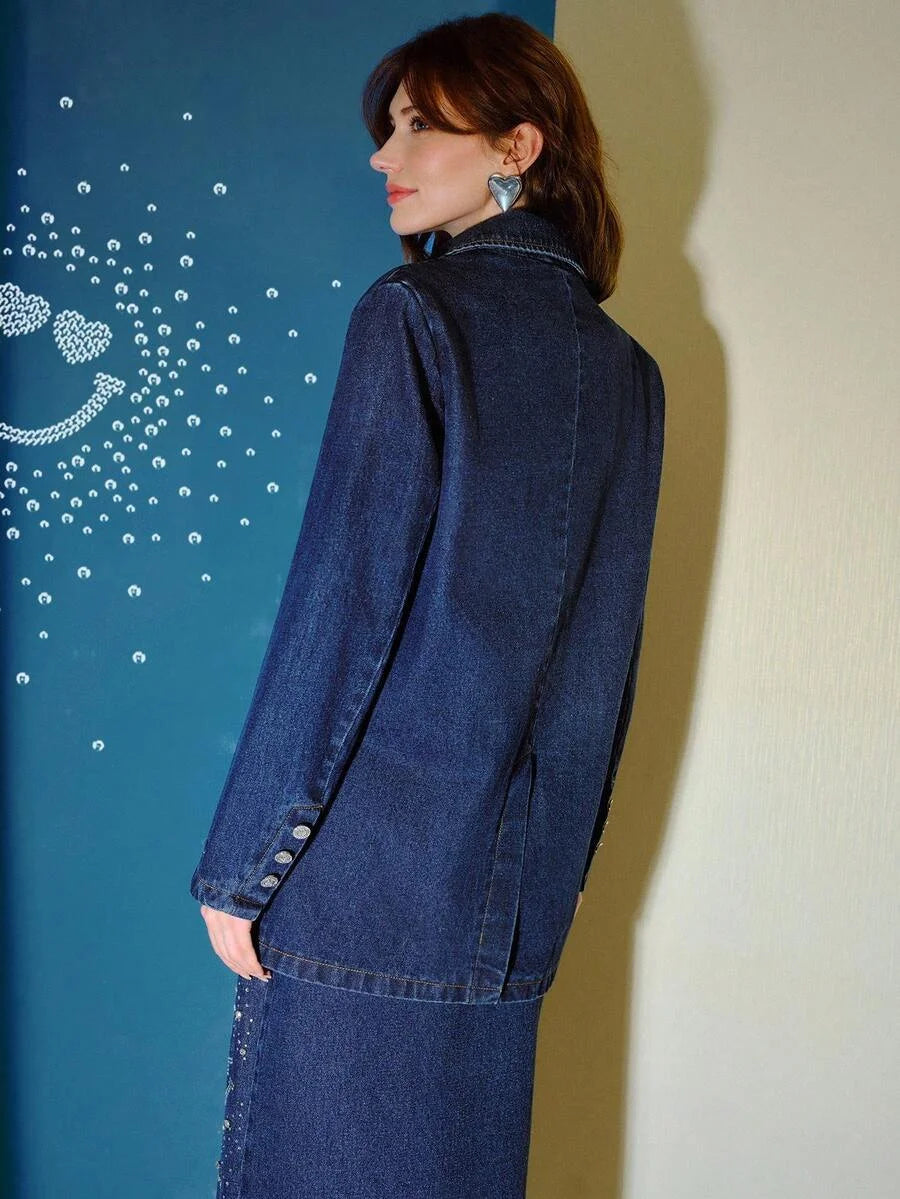 SWSmiley x MOTF PREMIUM LAPEL COLLAR RHINESTONE DETAIL WASHED DENIM COAT