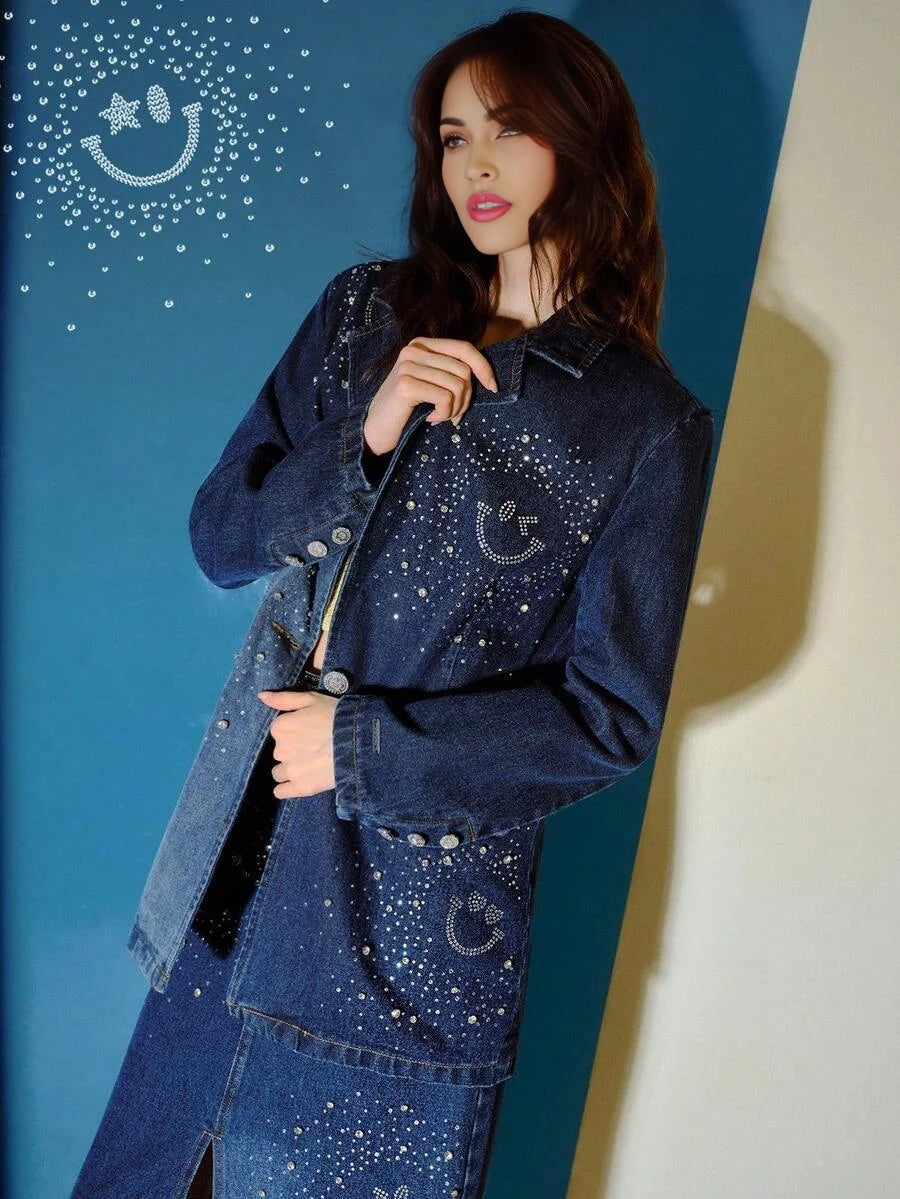 SWSmiley x MOTF PREMIUM LAPEL COLLAR RHINESTONE DETAIL WASHED DENIM COAT