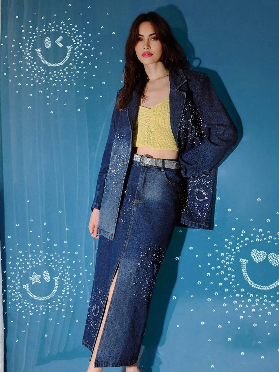 SWSmiley x MOTF PREMIUM LAPEL COLLAR RHINESTONE DETAIL WASHED DENIM COAT