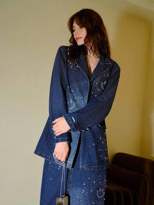SWSmiley x MOTF PREMIUM LAPEL COLLAR RHINESTONE DETAIL WASHED DENIM COAT