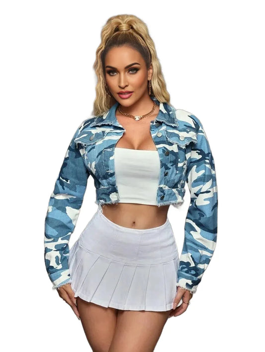 SXY Autumn Casual Camouflage Print Frayed Hem Short Denim Jacket