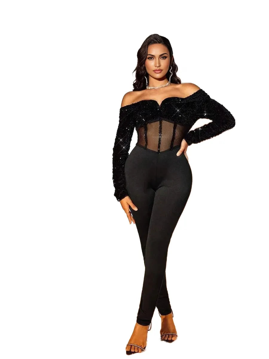 SXY AutumnWinter Sequin OffShoulder Sheer Mesh Bodycon Jumpsuit PartyBallNew Year Outfit
