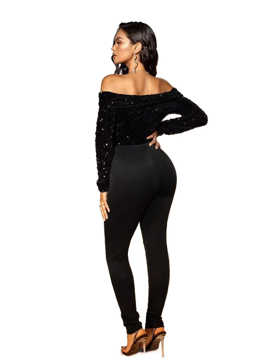 SXY AutumnWinter Sequin OffShoulder Sheer Mesh Bodycon Jumpsuit PartyBallNew Year Outfit