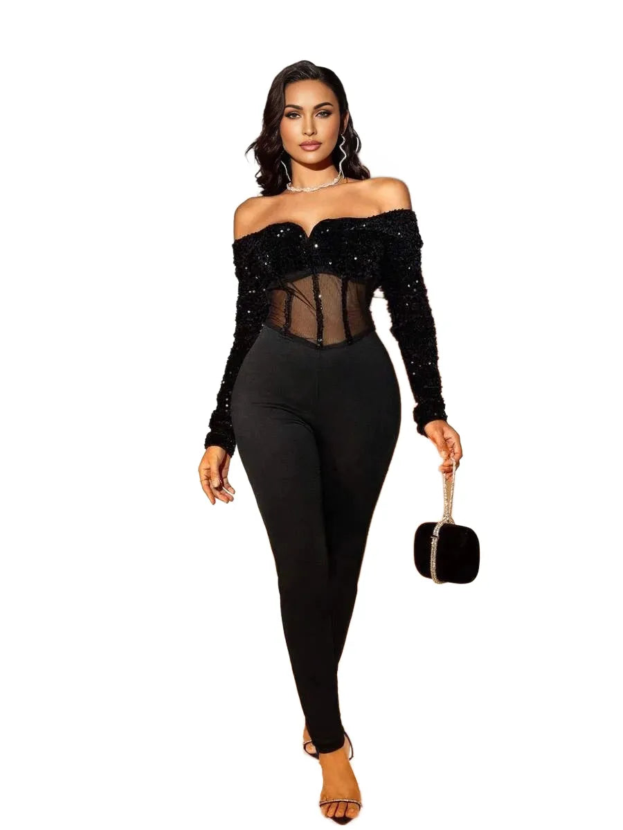 SXY AutumnWinter Sequin OffShoulder Sheer Mesh Bodycon Jumpsuit PartyBallNew Year Outfit