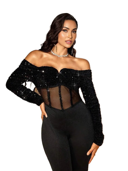 SXY AutumnWinter Sequin OffShoulder Sheer Mesh Bodycon Jumpsuit PartyBallNew Year Outfit