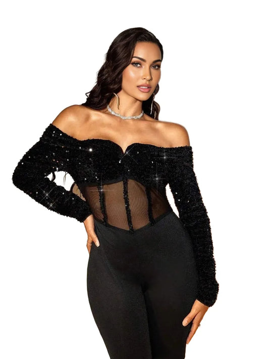 SXY AutumnWinter Sequin OffShoulder Sheer Mesh Bodycon Jumpsuit PartyBallNew Year Outfit