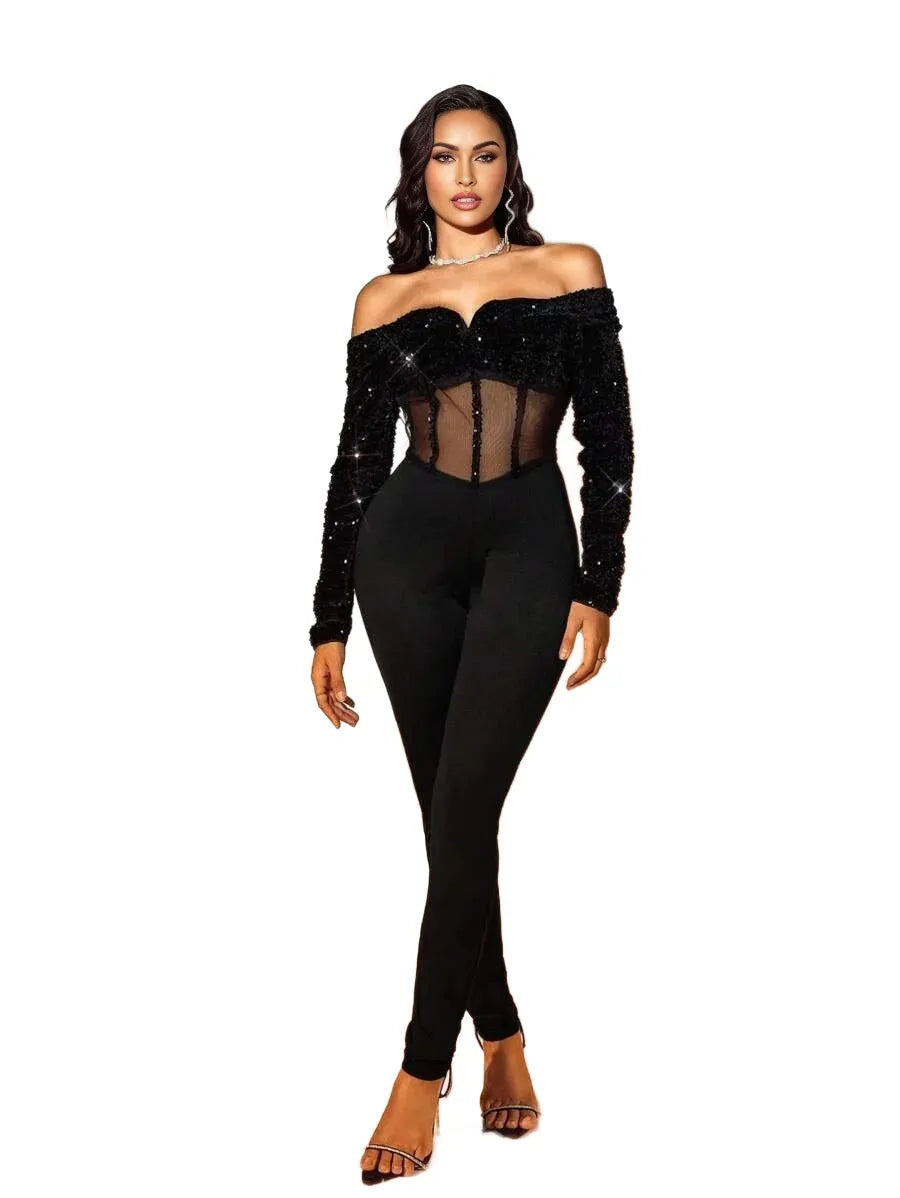 SXY AutumnWinter Sequin OffShoulder Sheer Mesh Bodycon Jumpsuit PartyBallNew Year Outfit