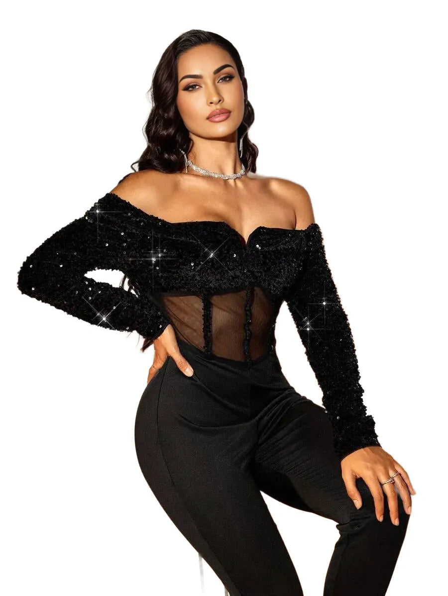 SXY AutumnWinter Sequin OffShoulder Sheer Mesh Bodycon Jumpsuit PartyBallNew Year Outfit