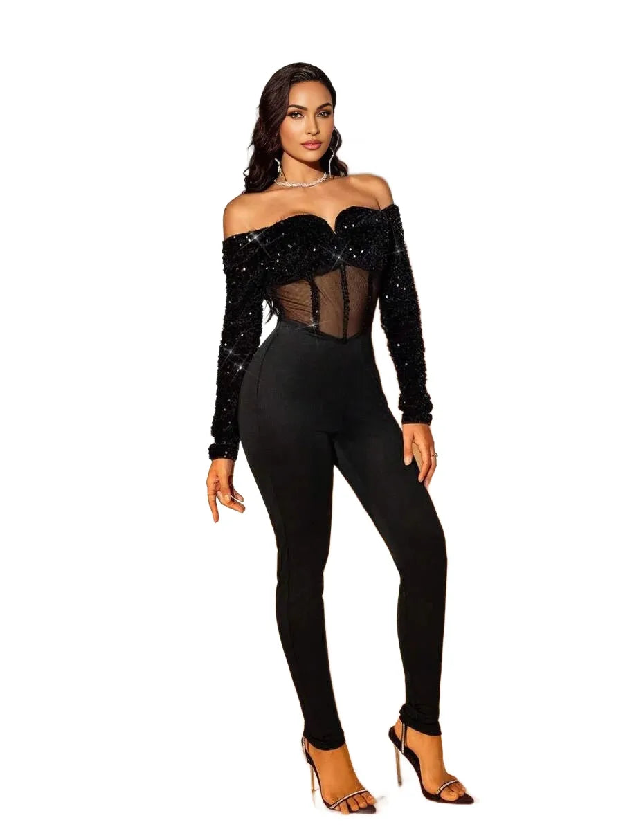 SXY AutumnWinter Sequin OffShoulder Sheer Mesh Bodycon Jumpsuit PartyBallNew Year Outfit