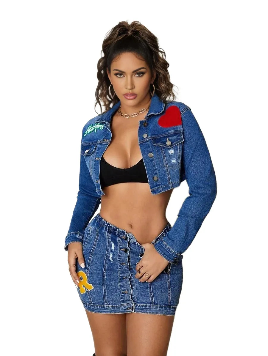 SXY Casual Versatile Stretchy Fitted Cropped Heart amp Letter Embroidered Distressed MidBlue Woven