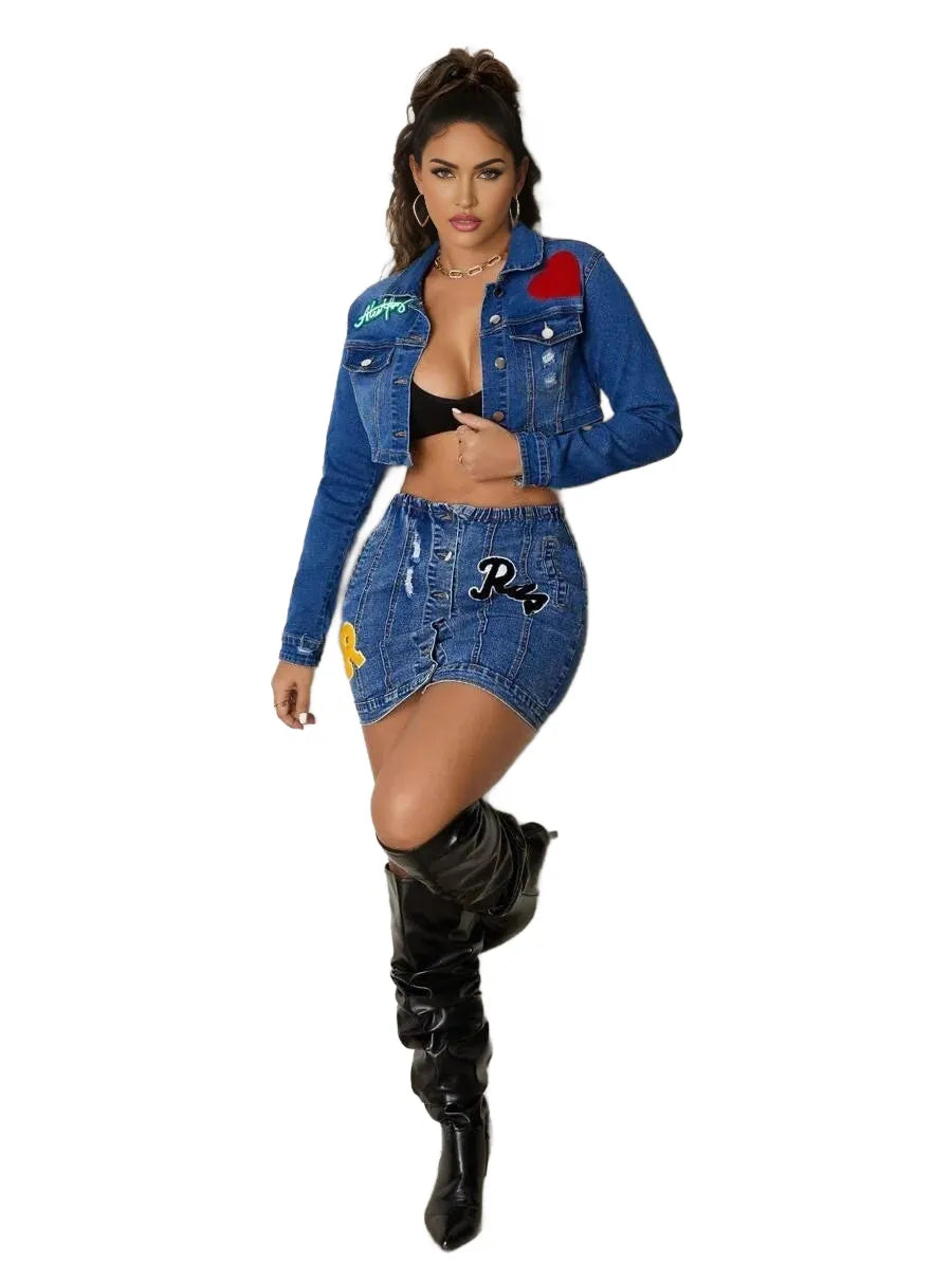 SXY Casual Versatile Stretchy Fitted Cropped Heart amp Letter Embroidered Distressed MidBlue Woven