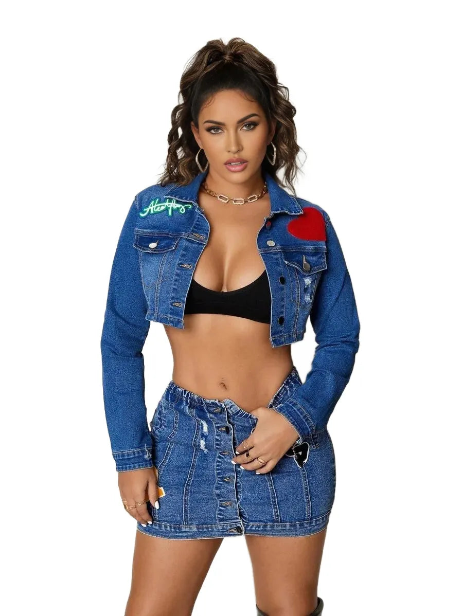SXY Casual Versatile Stretchy Fitted Cropped Heart amp Letter Embroidered Distressed MidBlue Woven