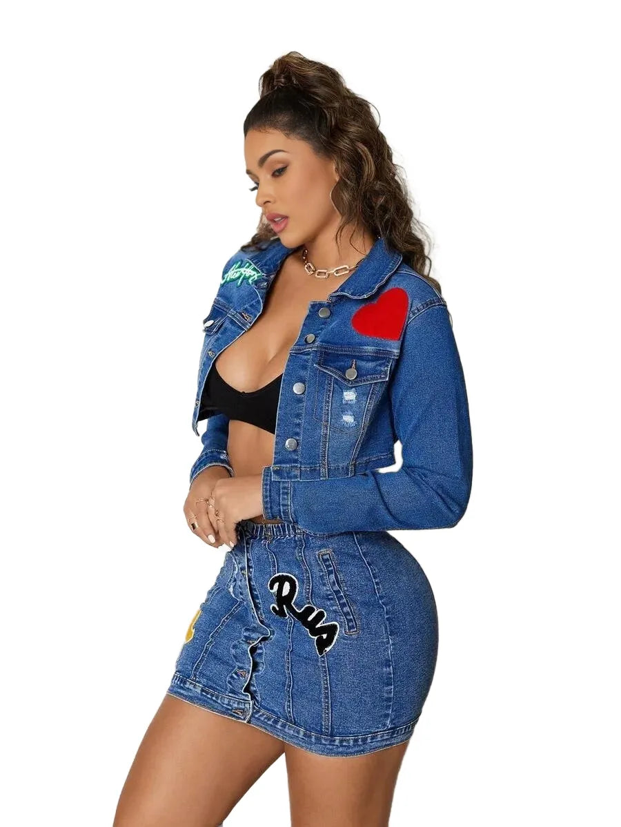 SXY Casual Versatile Stretchy Fitted Cropped Heart amp Letter Embroidered Distressed MidBlue Woven