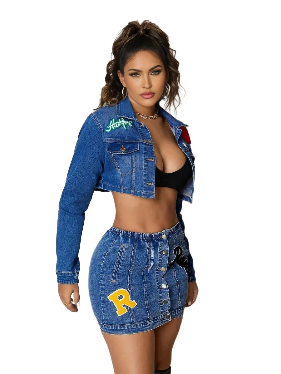 SXY Casual Versatile Stretchy Fitted Cropped Heart amp Letter Embroidered Distressed MidBlue Woven