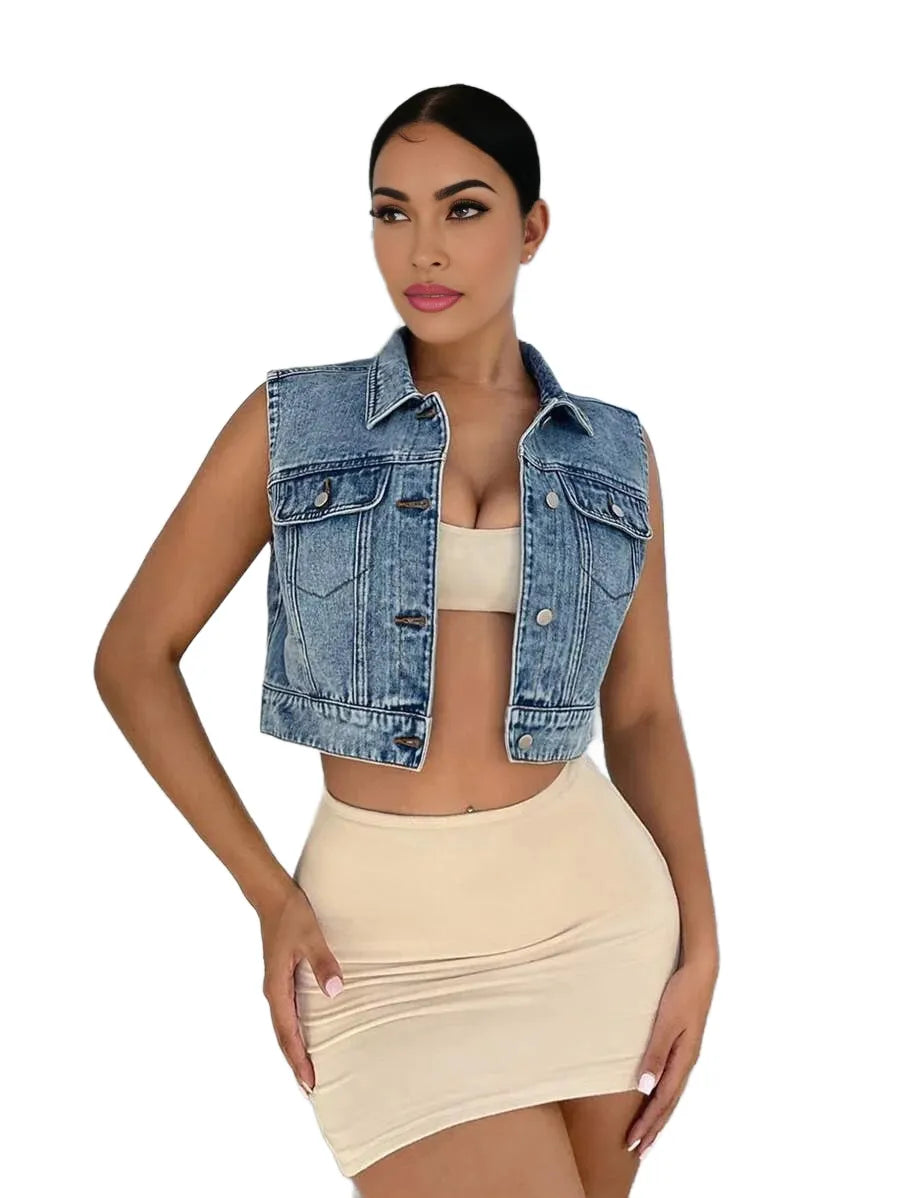 SXY Flap Pocket Button Front Crop Denim Vest Jacket