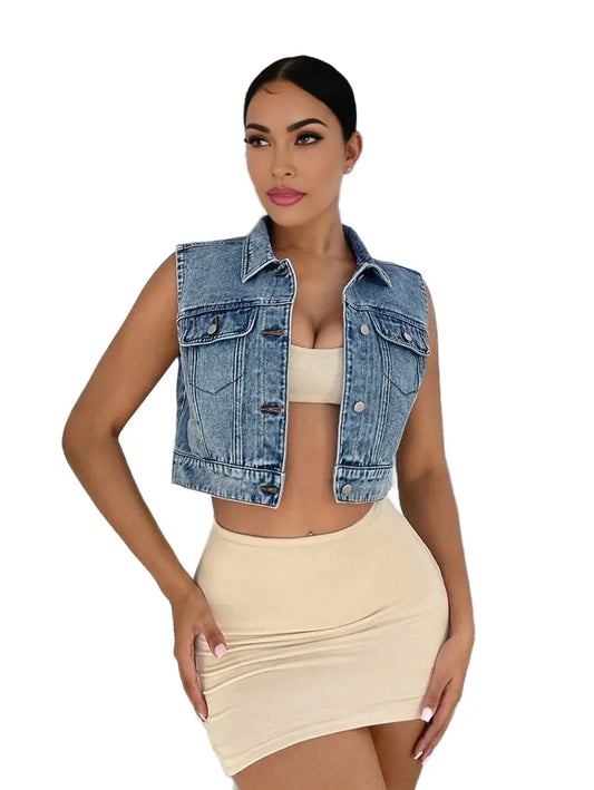 SXY Flap Pocket Button Front Crop Denim Vest Jacket