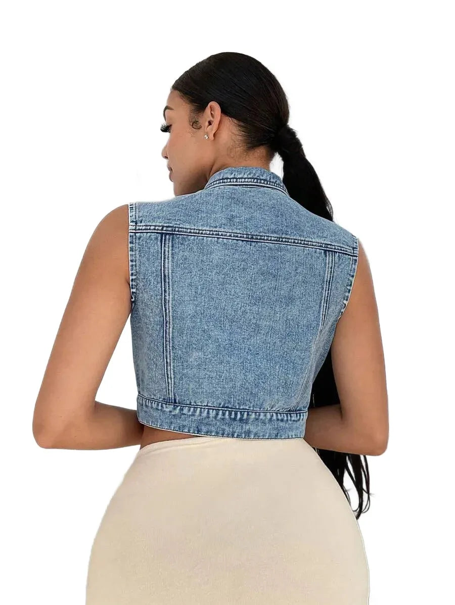 SXY Flap Pocket Button Front Crop Denim Vest Jacket
