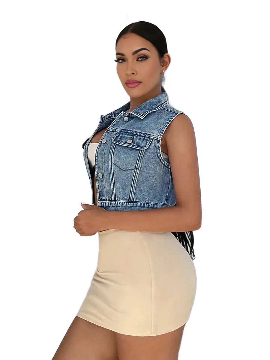 SXY Flap Pocket Button Front Crop Denim Vest Jacket