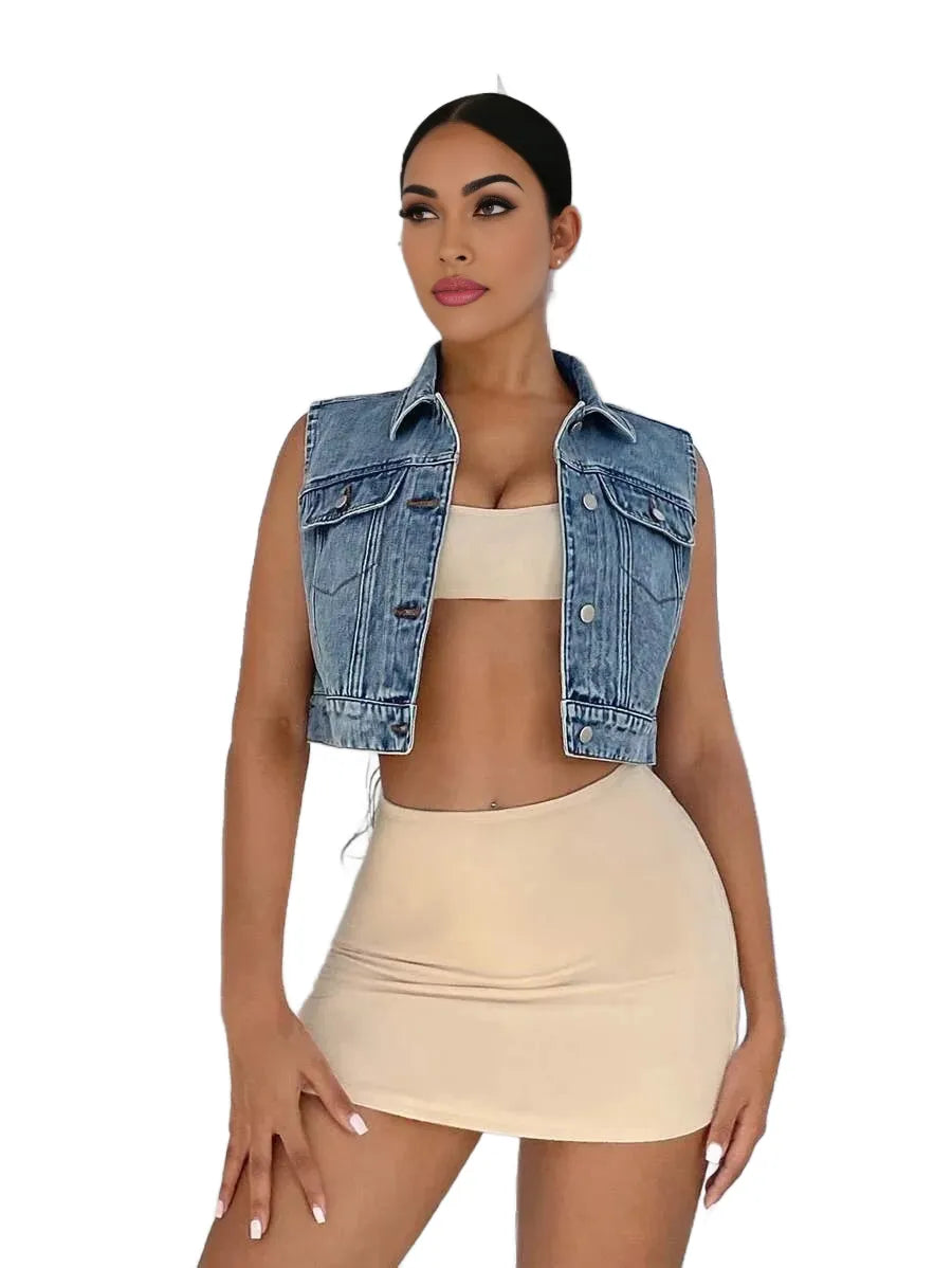 SXY Flap Pocket Button Front Crop Denim Vest Jacket
