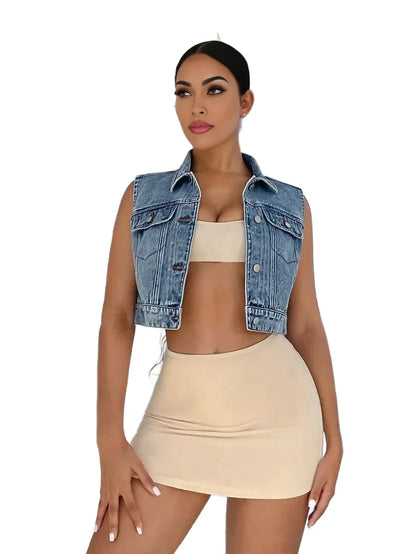SXY Flap Pocket Button Front Crop Denim Vest Jacket