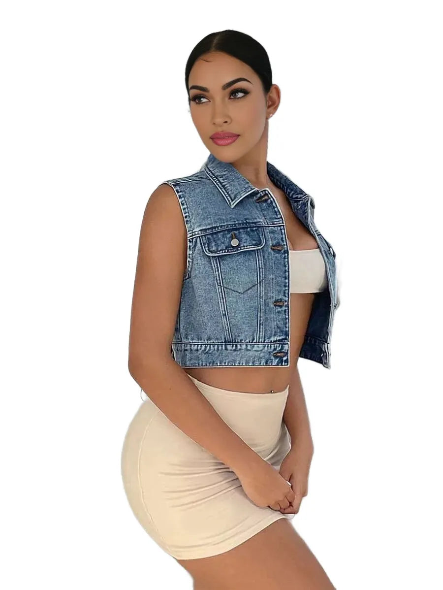 SXY Flap Pocket Button Front Crop Denim Vest Jacket