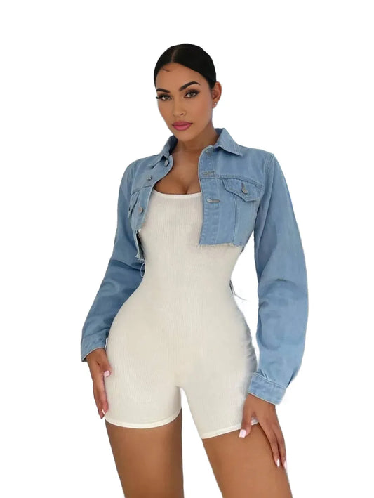 SXY Flap Pocket Crop Denim Jacket Without Unitard Romper