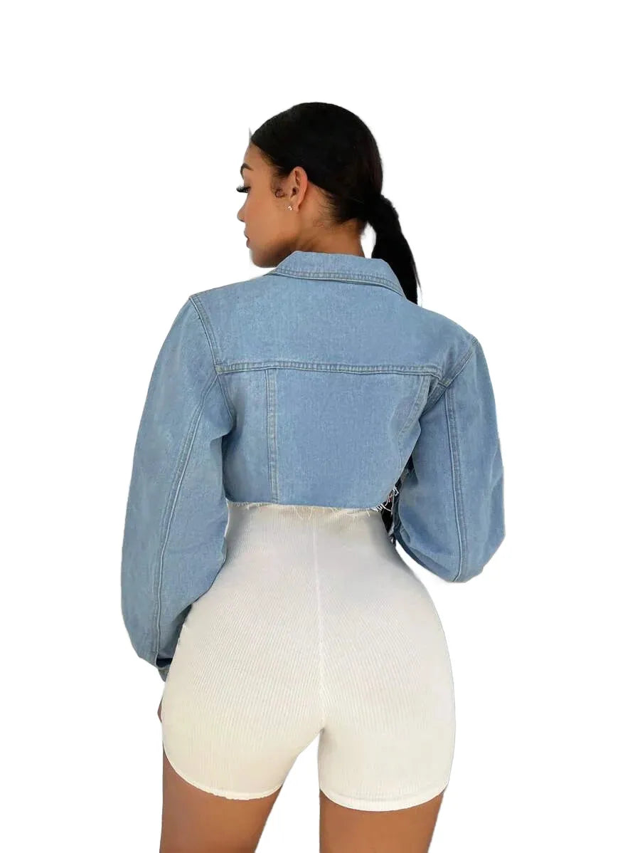SXY Flap Pocket Crop Denim Jacket Without Unitard Romper