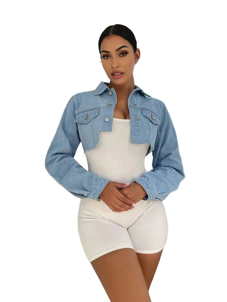 SXY Flap Pocket Crop Denim Jacket Without Unitard Romper