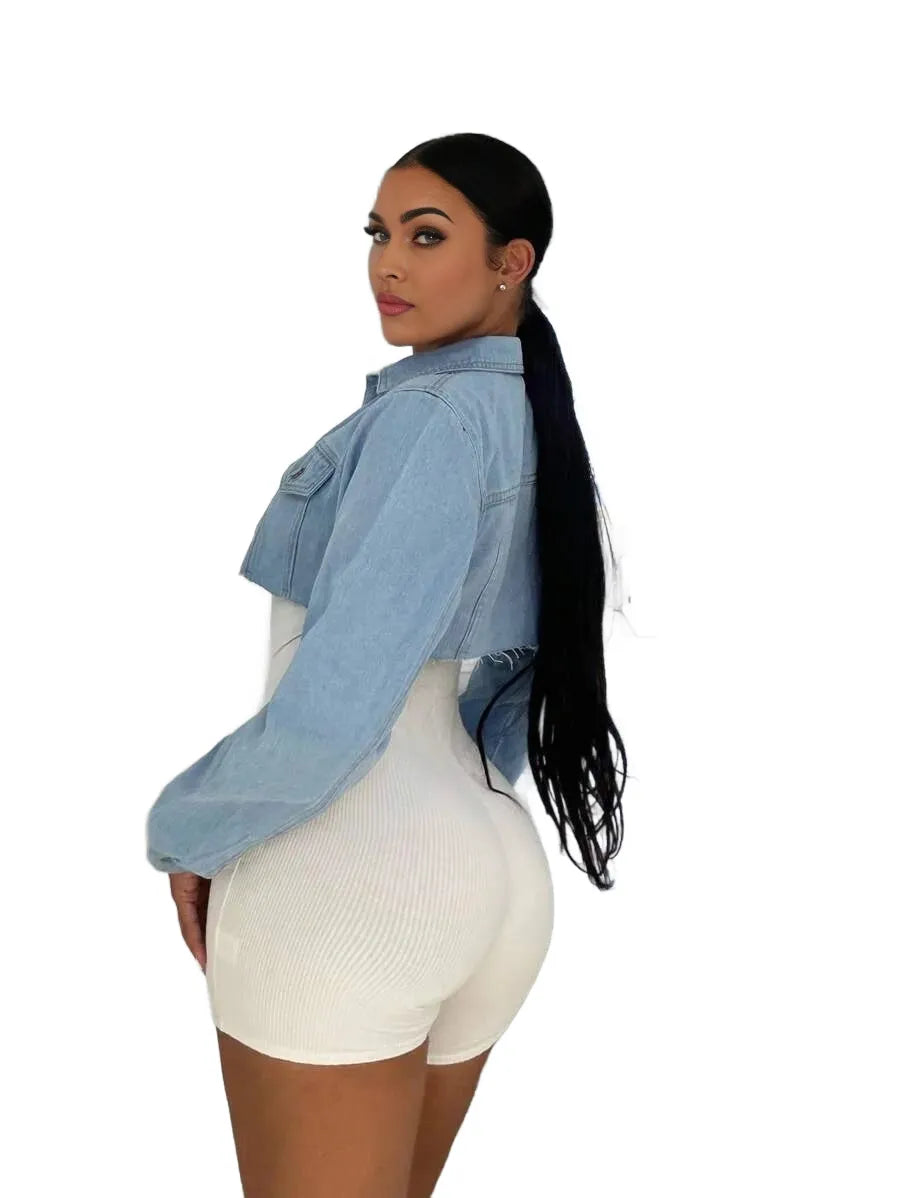 SXY Flap Pocket Crop Denim Jacket Without Unitard Romper