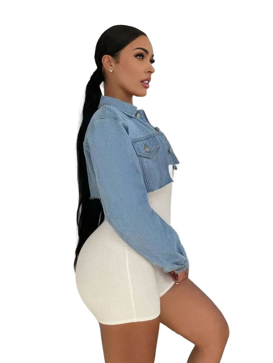 SXY Flap Pocket Crop Denim Jacket Without Unitard Romper