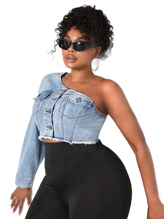 SXY Plus Size Women Fashionable Cool Girl Style Asymmetrical Neck Design Denim Jacket