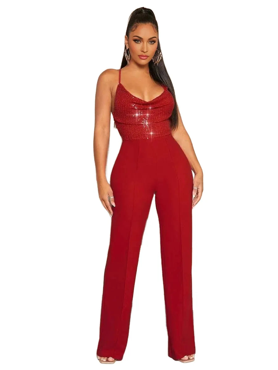SXY Sequin Insert Draped Collar Cami Jumpsuit