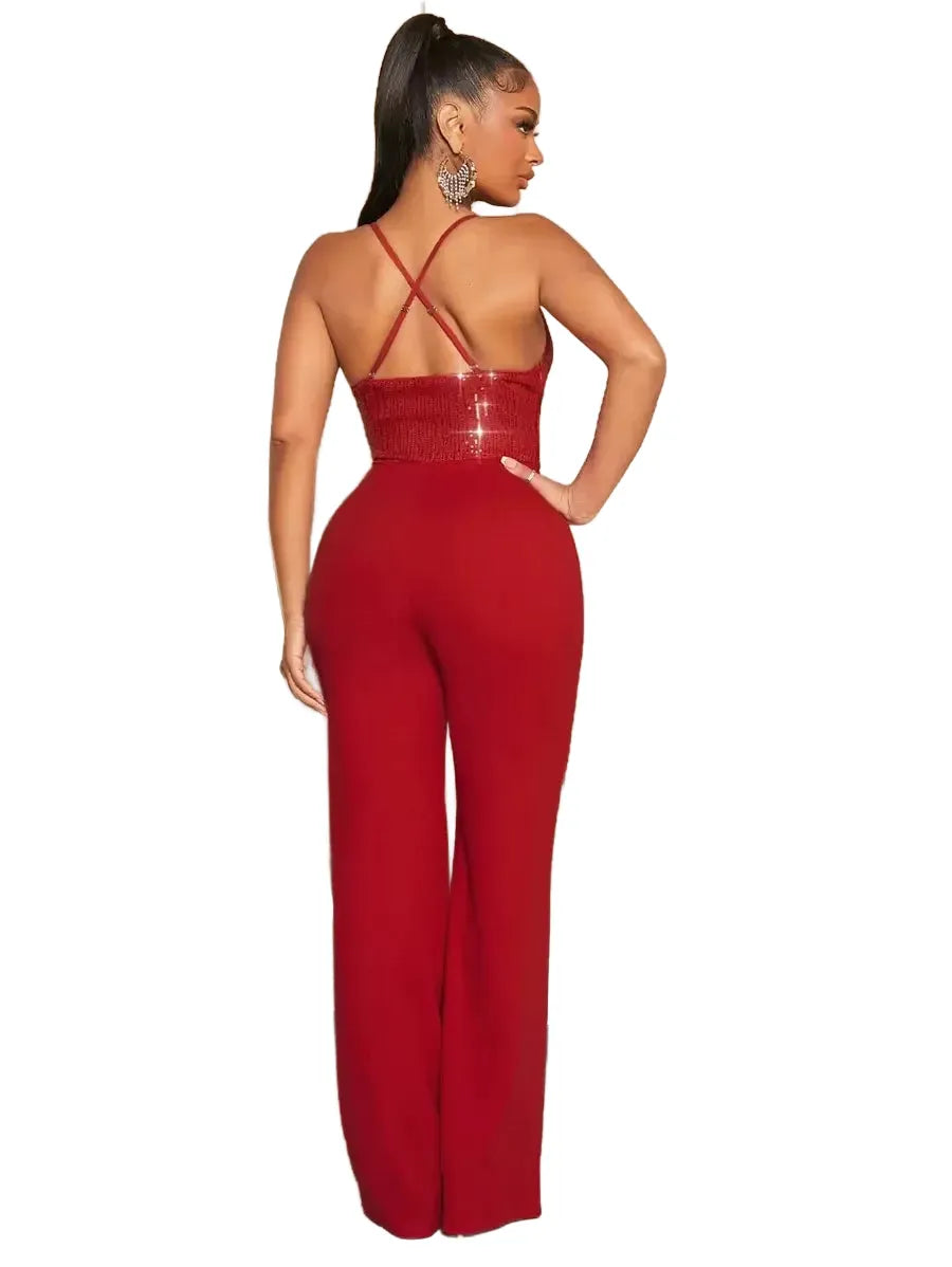 SXY Sequin Insert Draped Collar Cami Jumpsuit