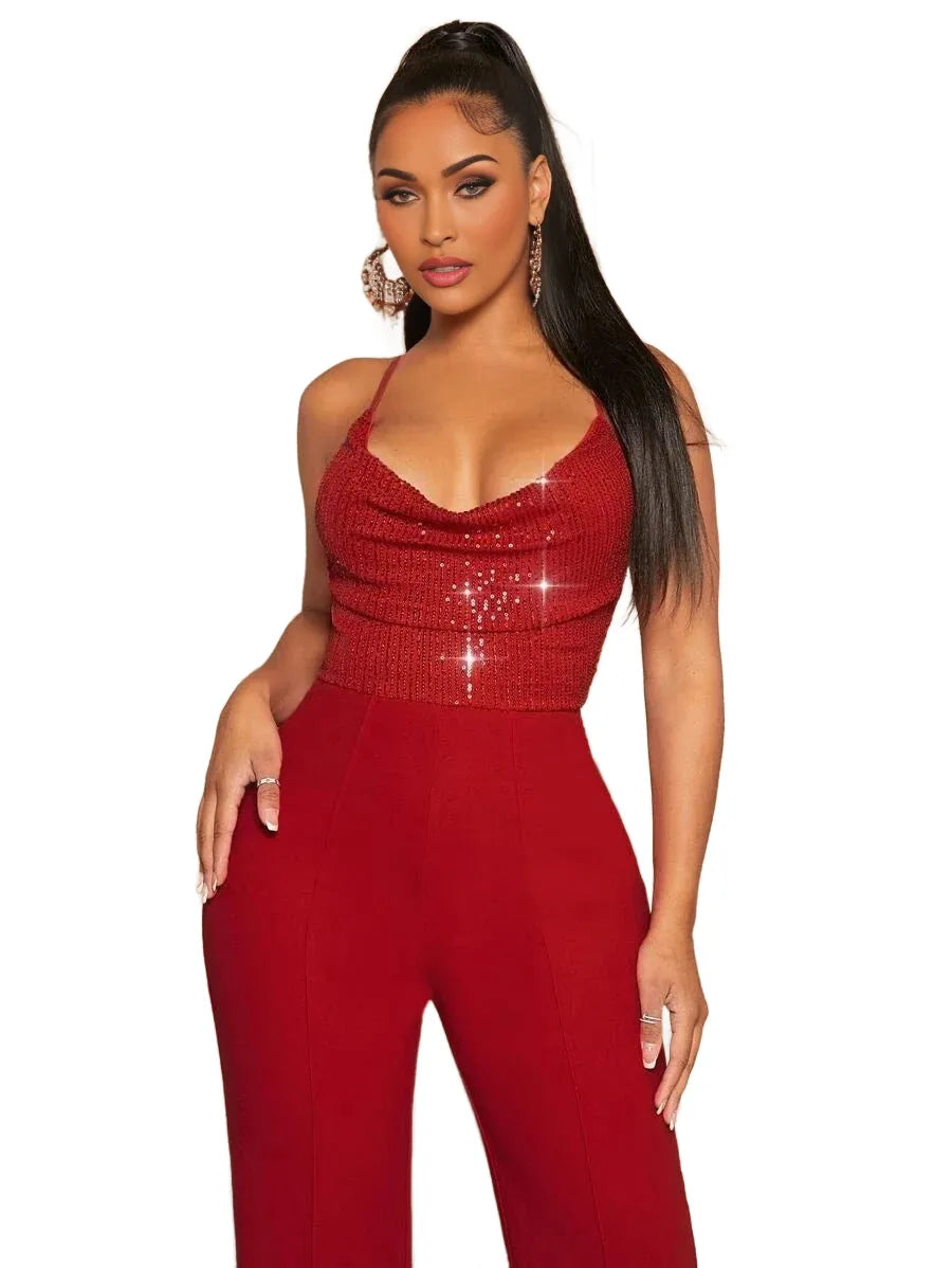 SXY Sequin Insert Draped Collar Cami Jumpsuit