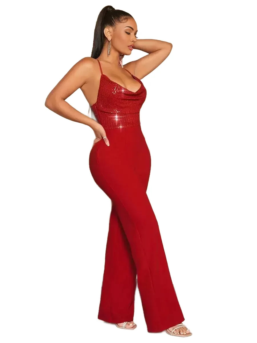 SXY Sequin Insert Draped Collar Cami Jumpsuit