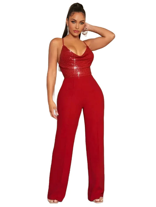 SXY Sequin Insert Draped Collar Cami Jumpsuit