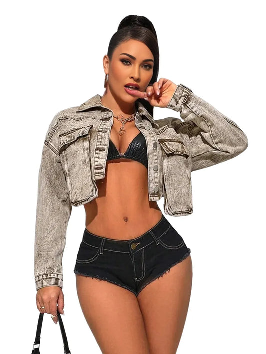 SXY WomenS Long Sleeve Cropped Denim Jacket