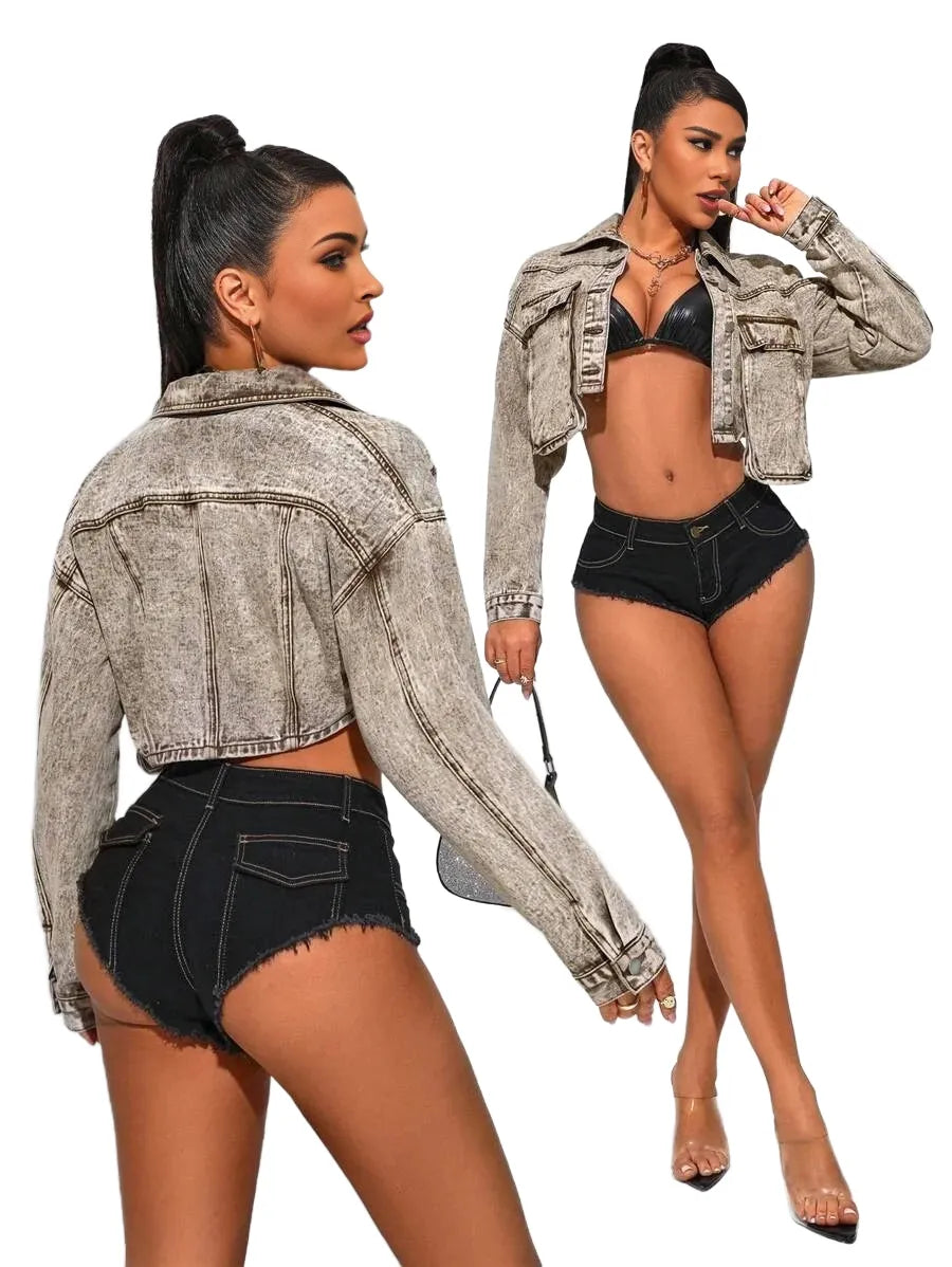 SXY WomenS Long Sleeve Cropped Denim Jacket