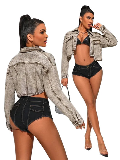 SXY WomenS Long Sleeve Cropped Denim Jacket