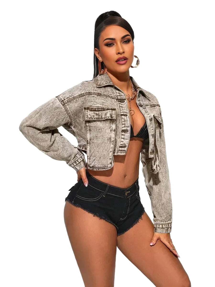 SXY WomenS Long Sleeve Cropped Denim Jacket