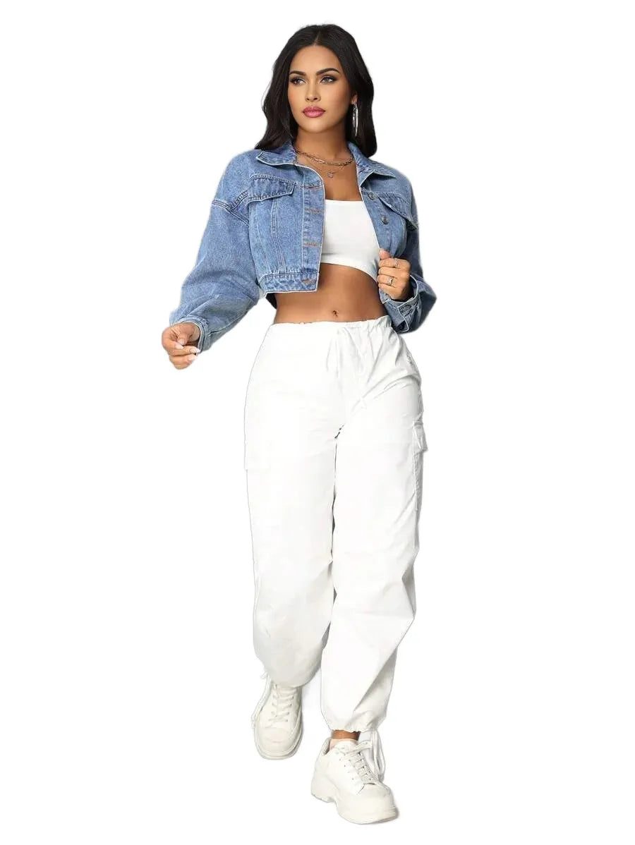 SXY Womens Oversized Long Sleeve Short Denim Jacket