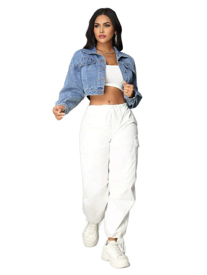 SXY Womens Oversized Long Sleeve Short Denim Jacket
