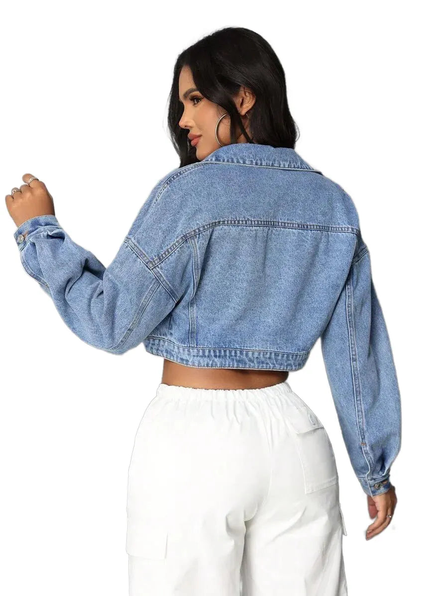 SXY Womens Oversized Long Sleeve Short Denim Jacket