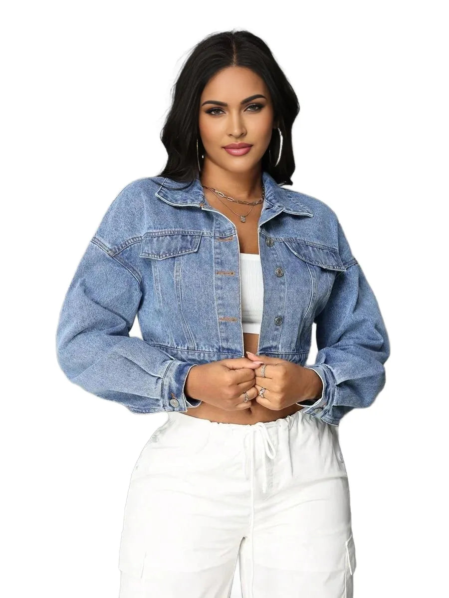 SXY Womens Oversized Long Sleeve Short Denim Jacket