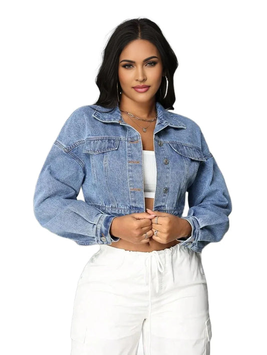 SXY Womens Oversized Long Sleeve Short Denim Jacket