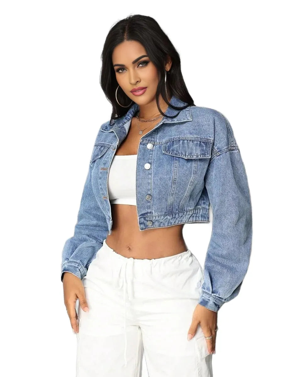 SXY Womens Oversized Long Sleeve Short Denim Jacket