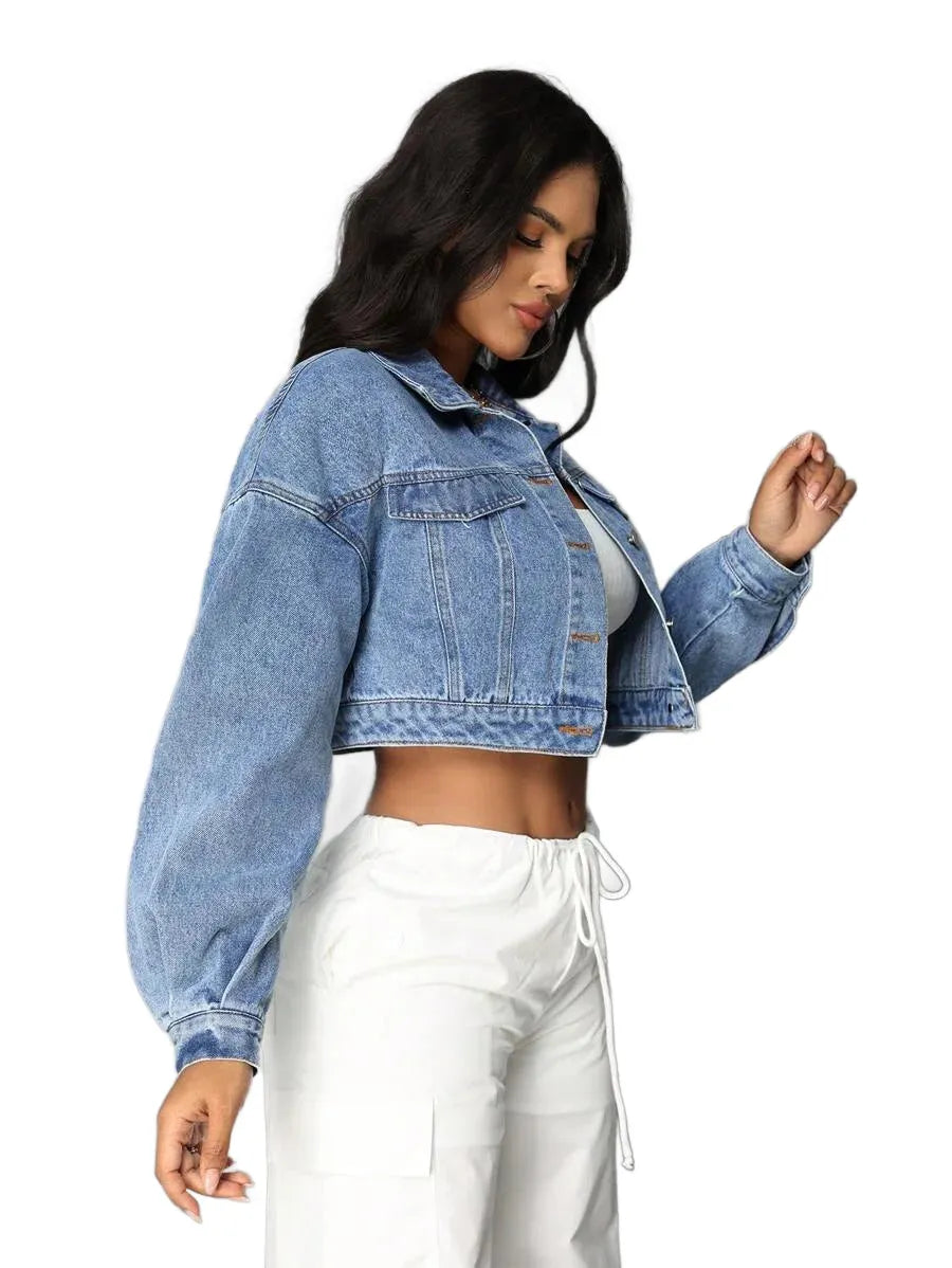 SXY Womens Oversized Long Sleeve Short Denim Jacket
