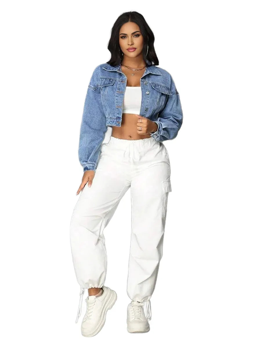 SXY Womens Oversized Long Sleeve Short Denim Jacket