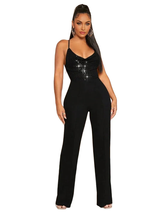 SXY Womens Summer Elegant Beaded Splice Sleeveless Jumpsuit